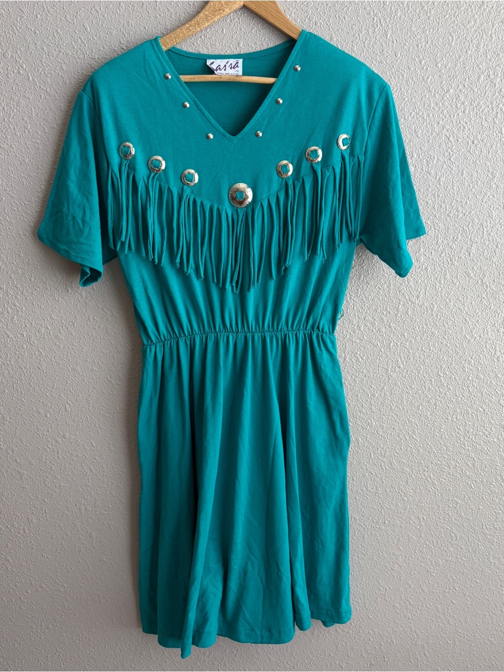 Vintage 80s Sassa Turquoise Fringe Dress Western Southwest Boho Short Sleeve